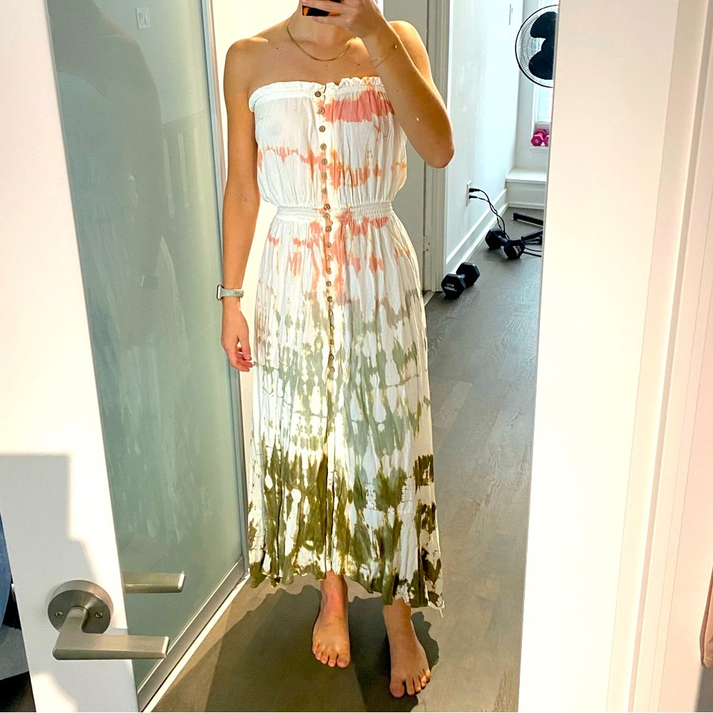 Strapless, White Tye Die MIDI Dress, Surf Gypsy, Size S